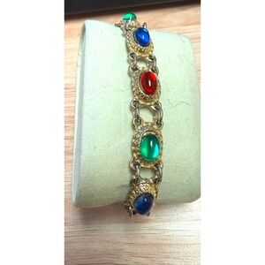 Vintage Gold Tone Cabochon Bracelet Red Blue Green Glass 1960s 70s